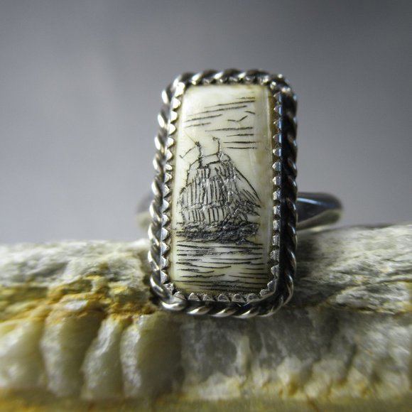 Scrimshaw Tall Ship Sterling Silver Setting Size 6 - Picture 8 of 9
